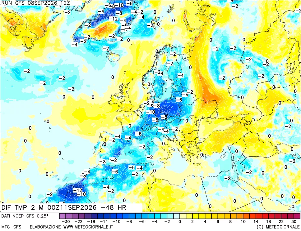 mappa Dif. Temp a 2 metri Valid - Init