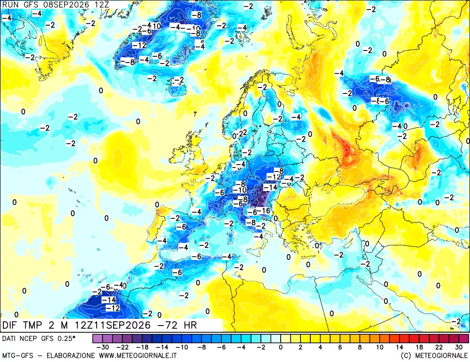 mappa Dif. Temp a 2 metri Valid - Init