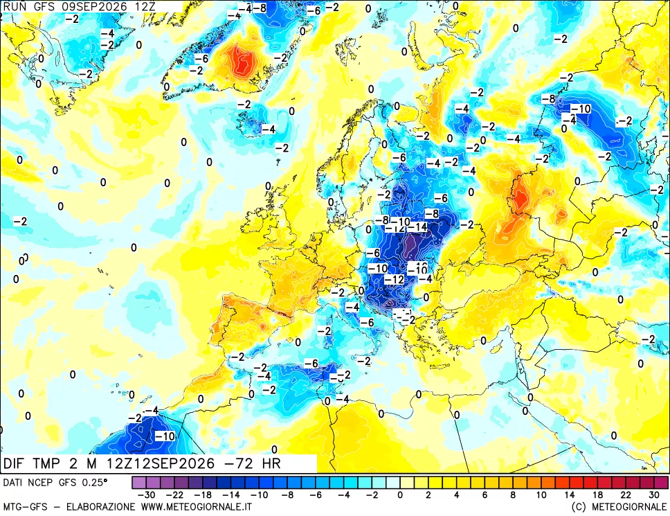 mappa Dif. Temp a 2 metri Valid - Init