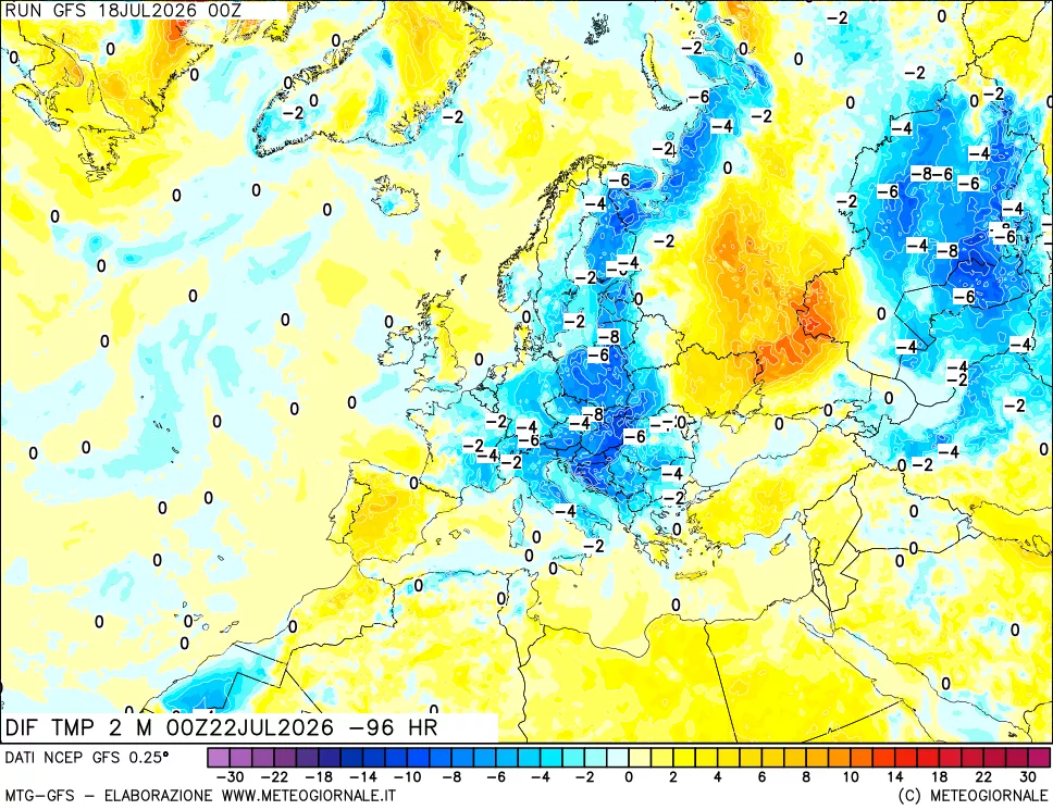 mappa Dif. Temp a 2 metri Valid - Init