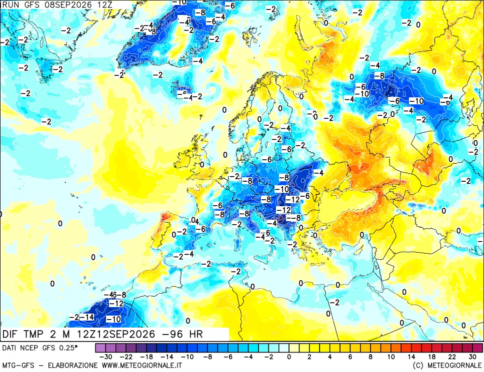 mappa Dif. Temp a 2 metri Valid - Init