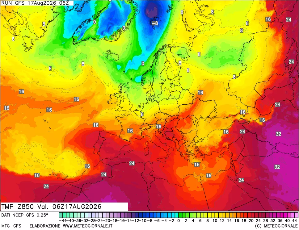 mappa 850 hPa Temp