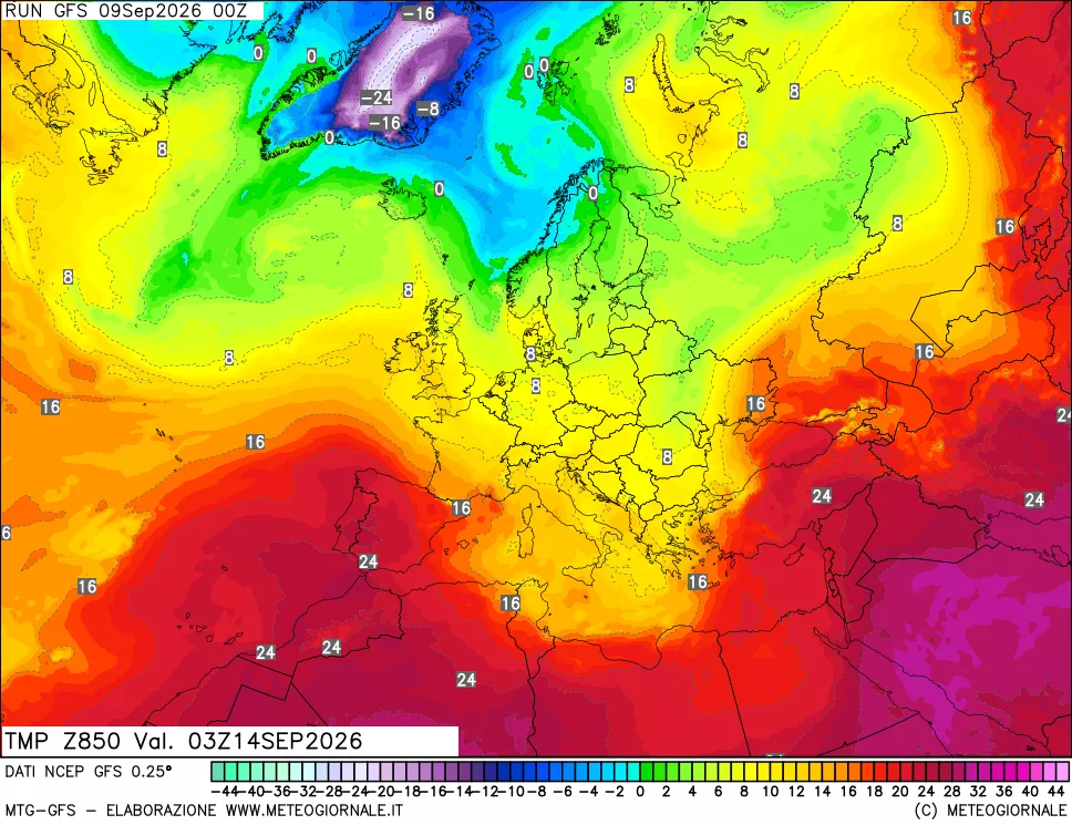 mappa 850 hPa Temp