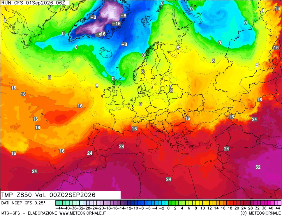 mappa 850 hPa Temp