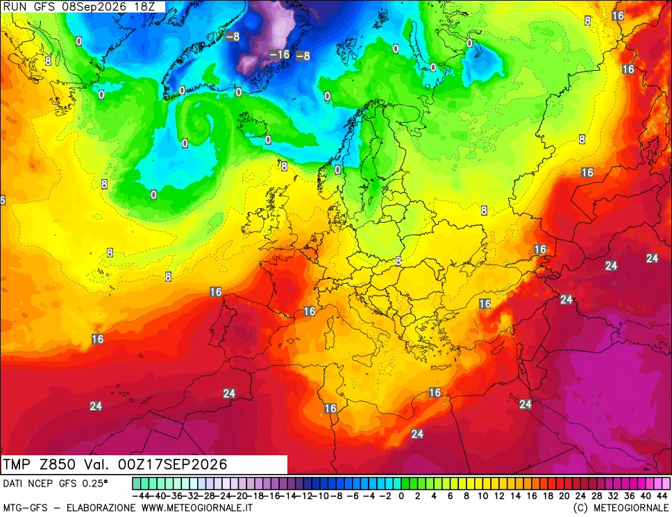mappa 850 hPa Temp