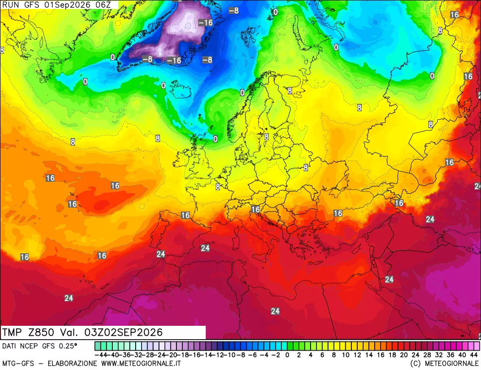 mappa 850 hPa Temp