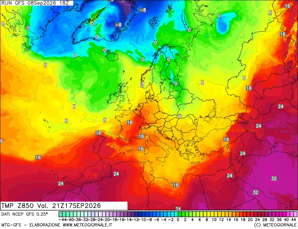 mappa 850 hPa Temp