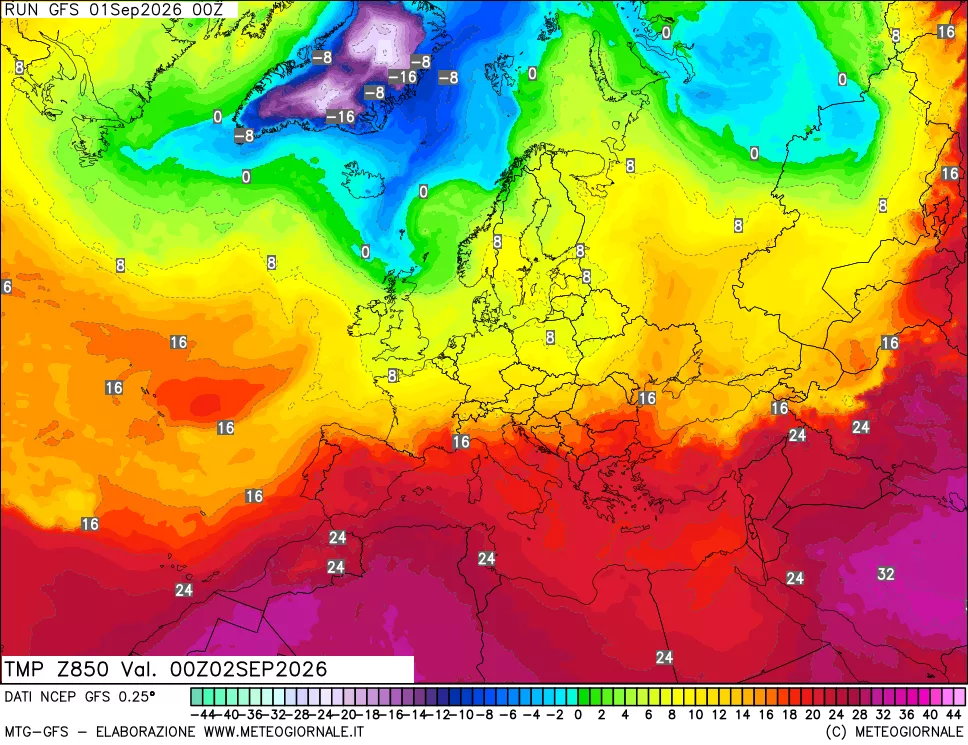 mappa 850 hPa Temp