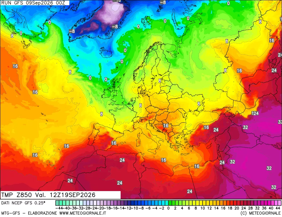 mappa 850 hPa Temp