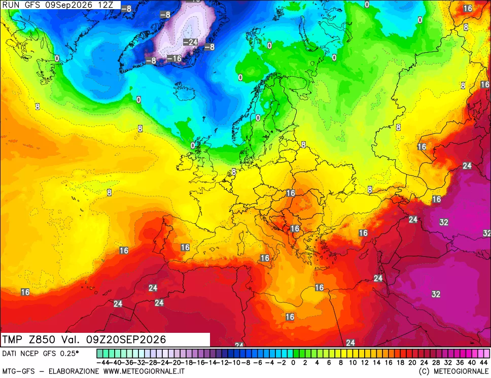 mappa 850 hPa Temp