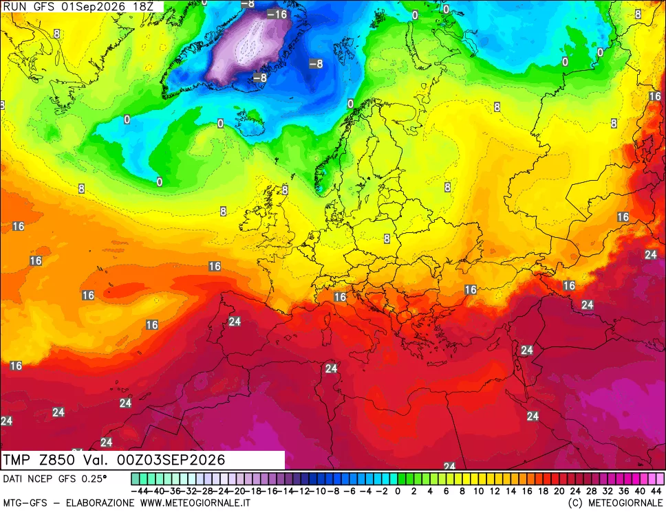 mappa 850 hPa Temp