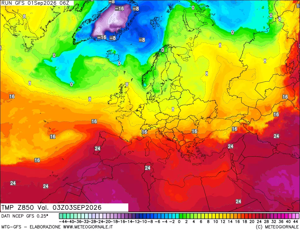 mappa 850 hPa Temp