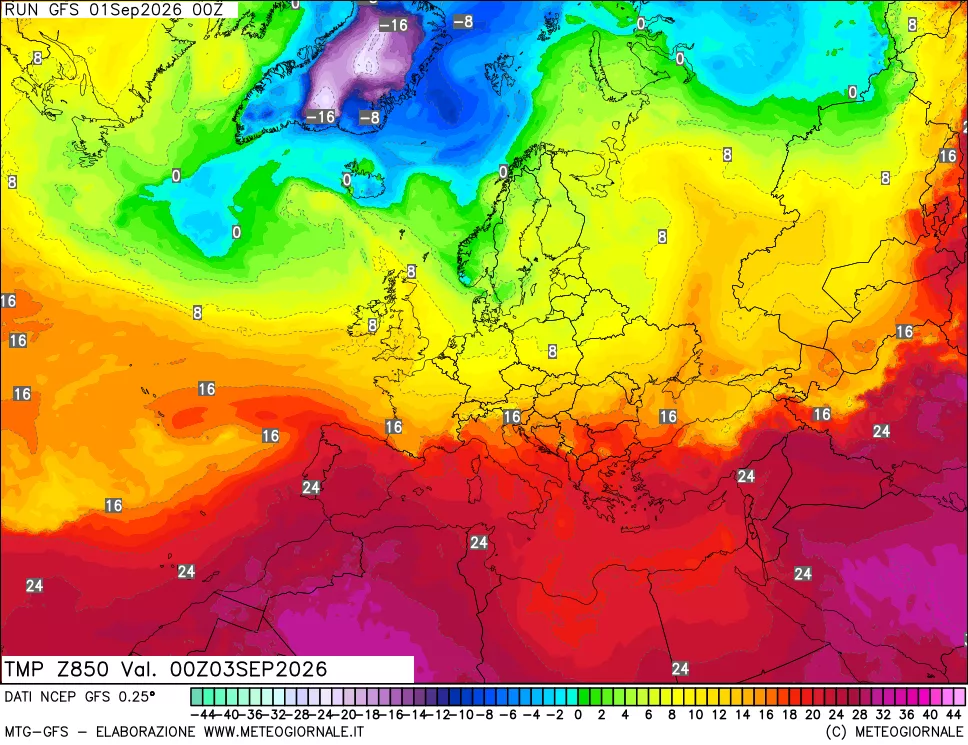 mappa 850 hPa Temp