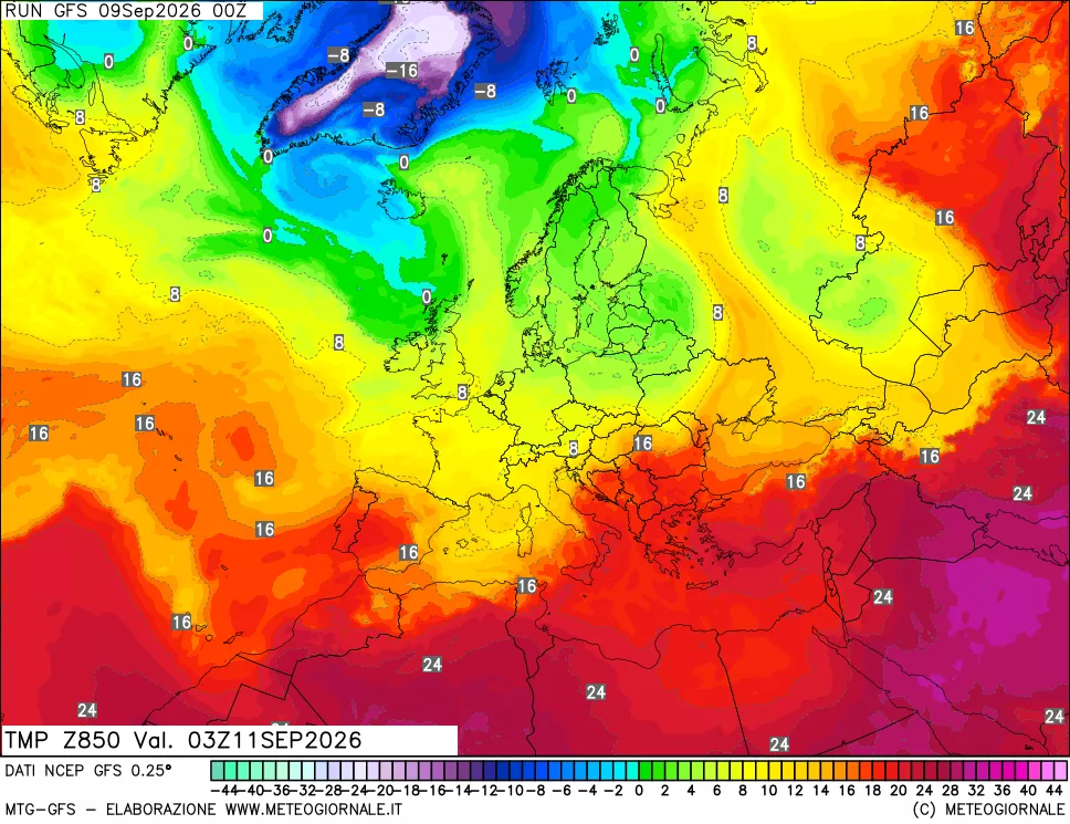 mappa 850 hPa Temp