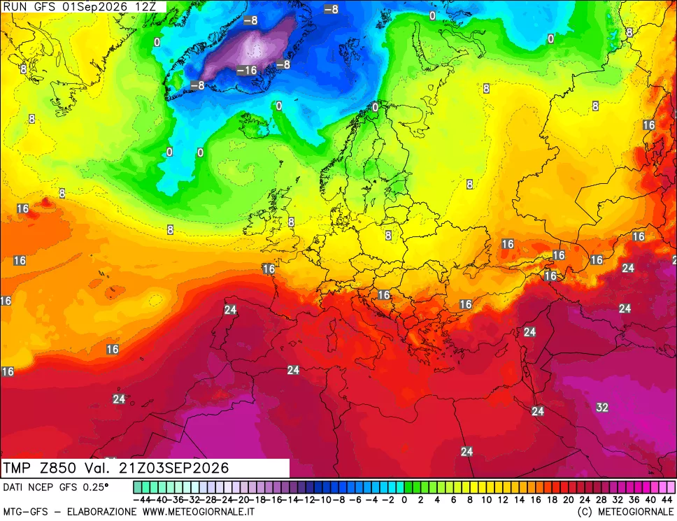 mappa 850 hPa Temp