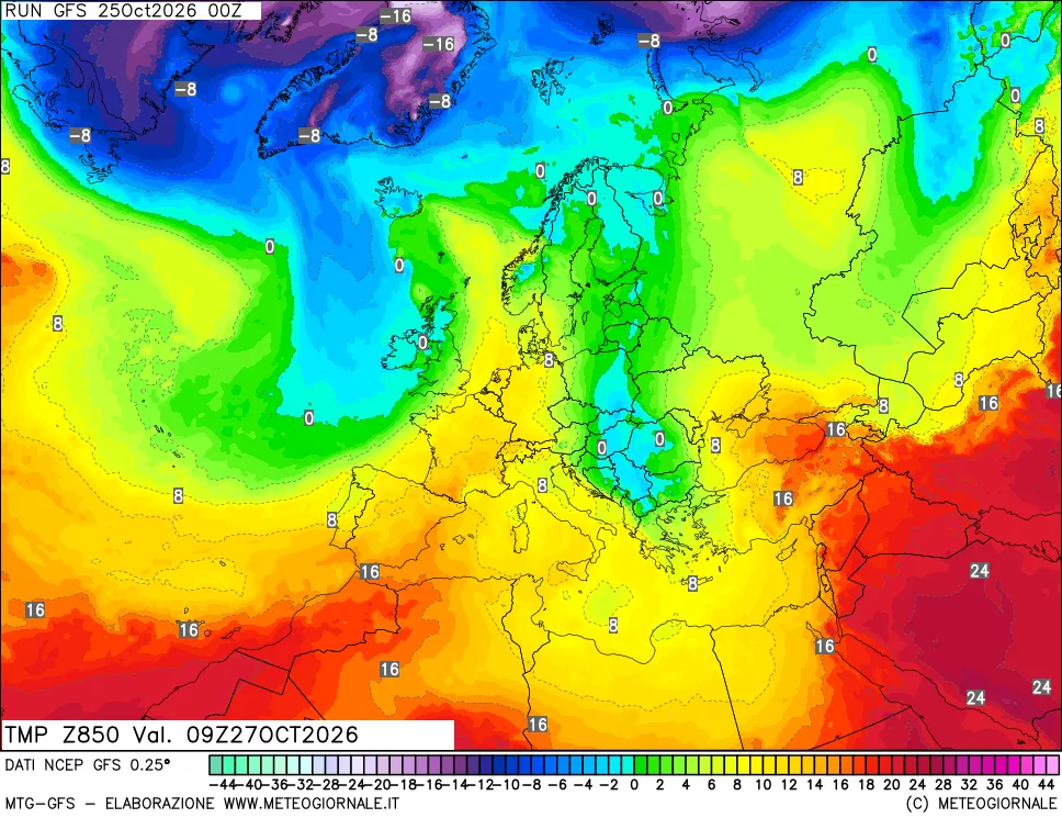 mappa 850 hPa Temp