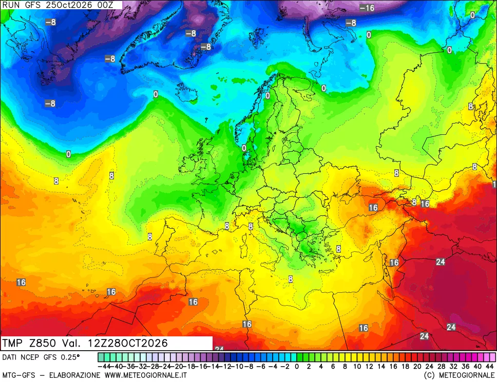 mappa 850 hPa Temp