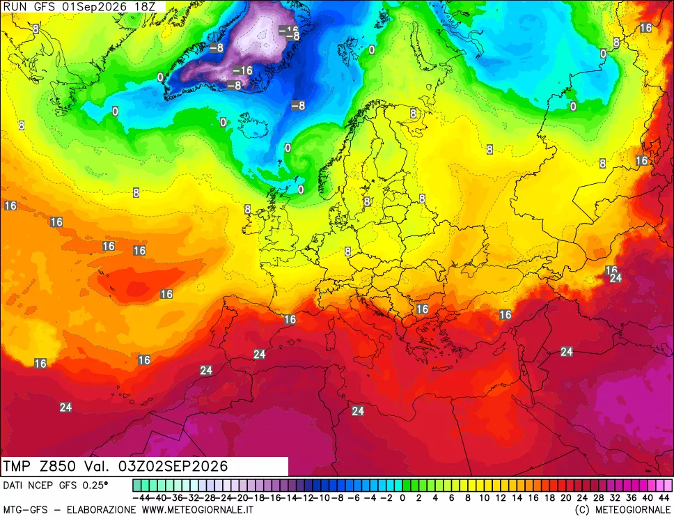 mappa 850 hPa Temp