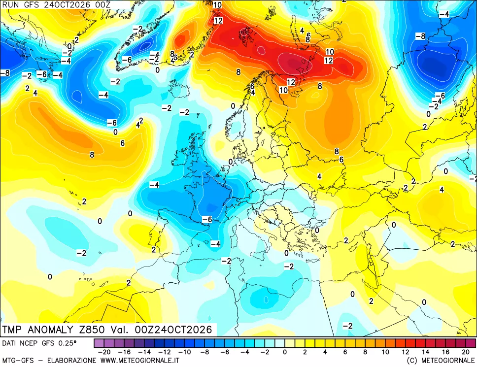mappa 850 hPa Temp Anomaly vs Cli.No 1981-2010