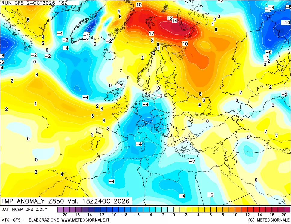 mappa 850 hPa Temp Anomaly vs Cli.No 1981-2010
