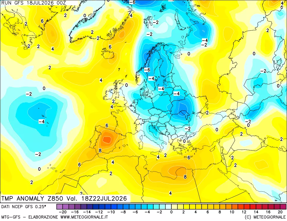 mappa 850 hPa Temp Anomaly vs Cli.No 1981-2010