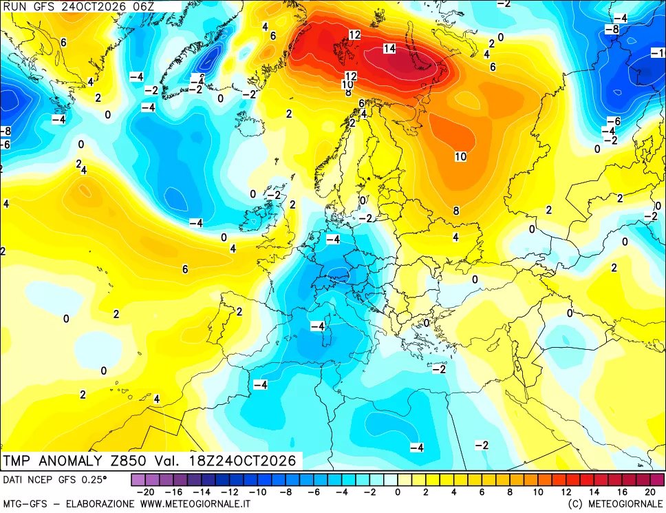 mappa 850 hPa Temp Anomaly vs Cli.No 1981-2010