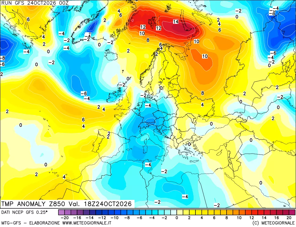 mappa 850 hPa Temp Anomaly vs Cli.No 1981-2010
