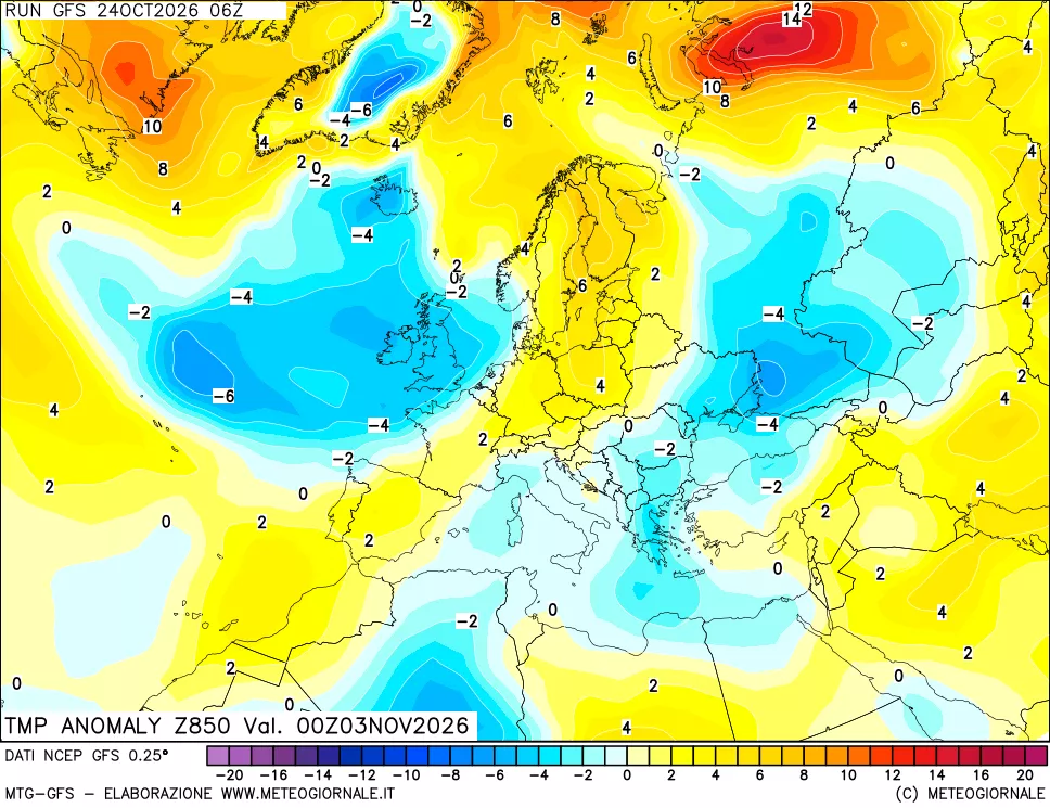 mappa 850 hPa Temp Anomaly vs Cli.No 1981-2010