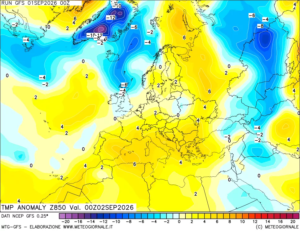 mappa 850 hPa Temp Anomaly vs Cli.No 1981-2010