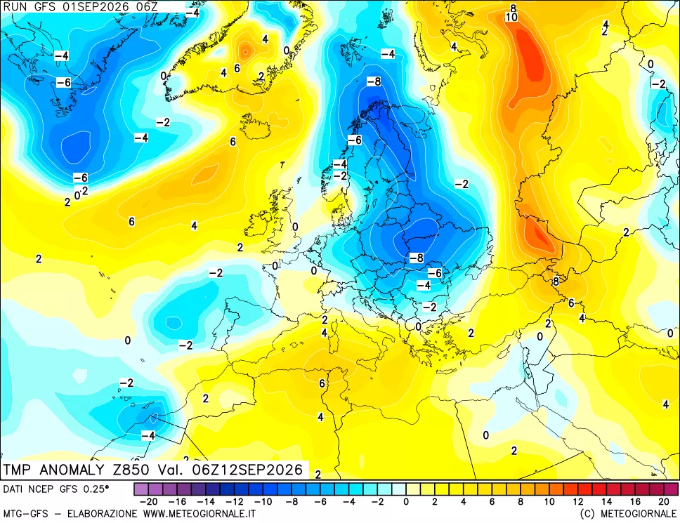 mappa 850 hPa Temp Anomaly vs Cli.No 1981-2010