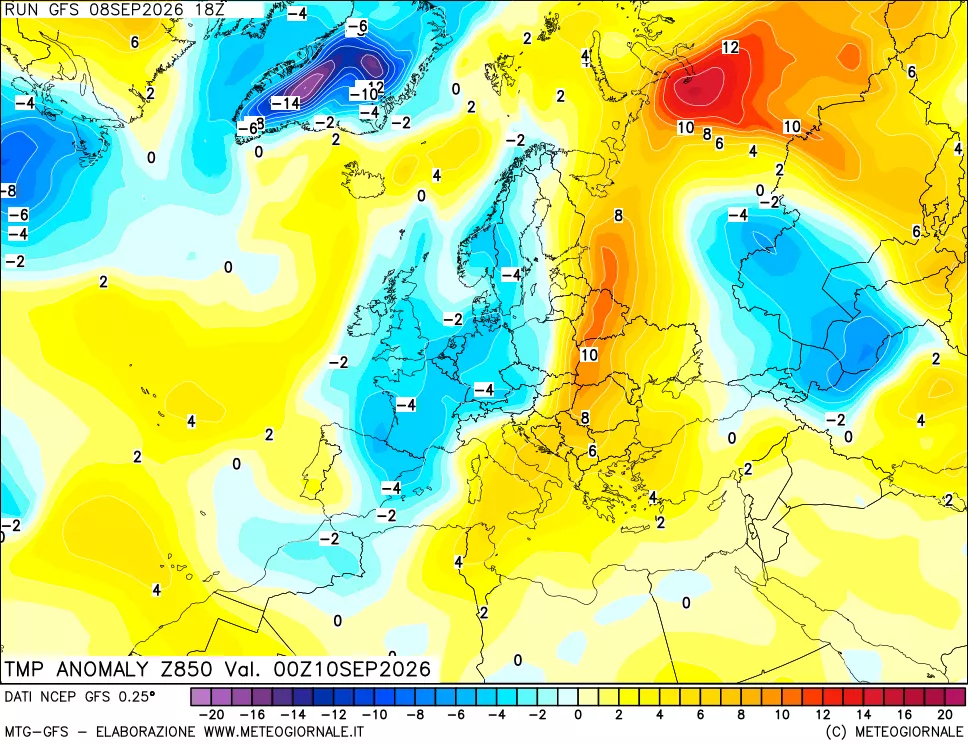 mappa 850 hPa Temp Anomaly vs Cli.No 1981-2010