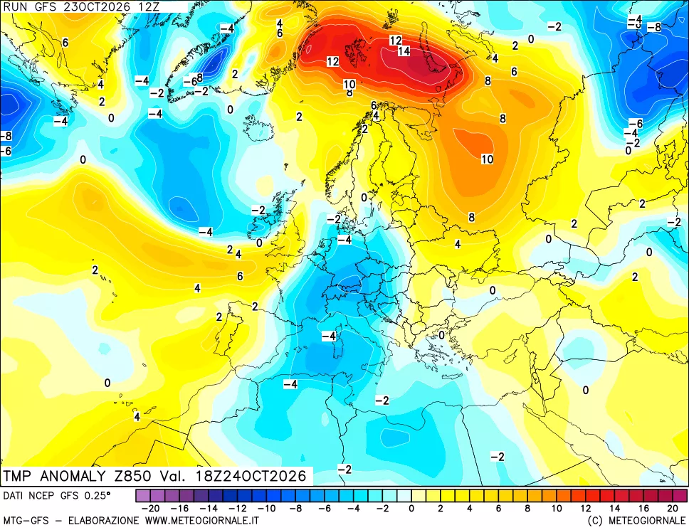 mappa 850 hPa Temp Anomaly vs Cli.No 1981-2010