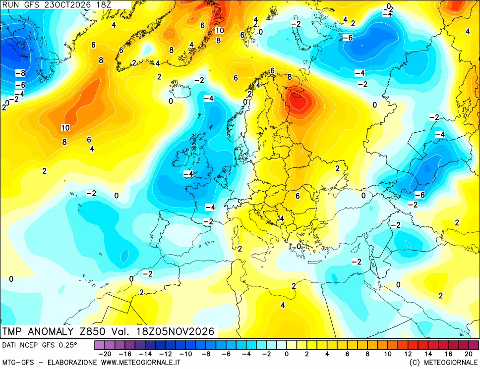 mappa 850 hPa Temp Anomaly vs Cli.No 1981-2010