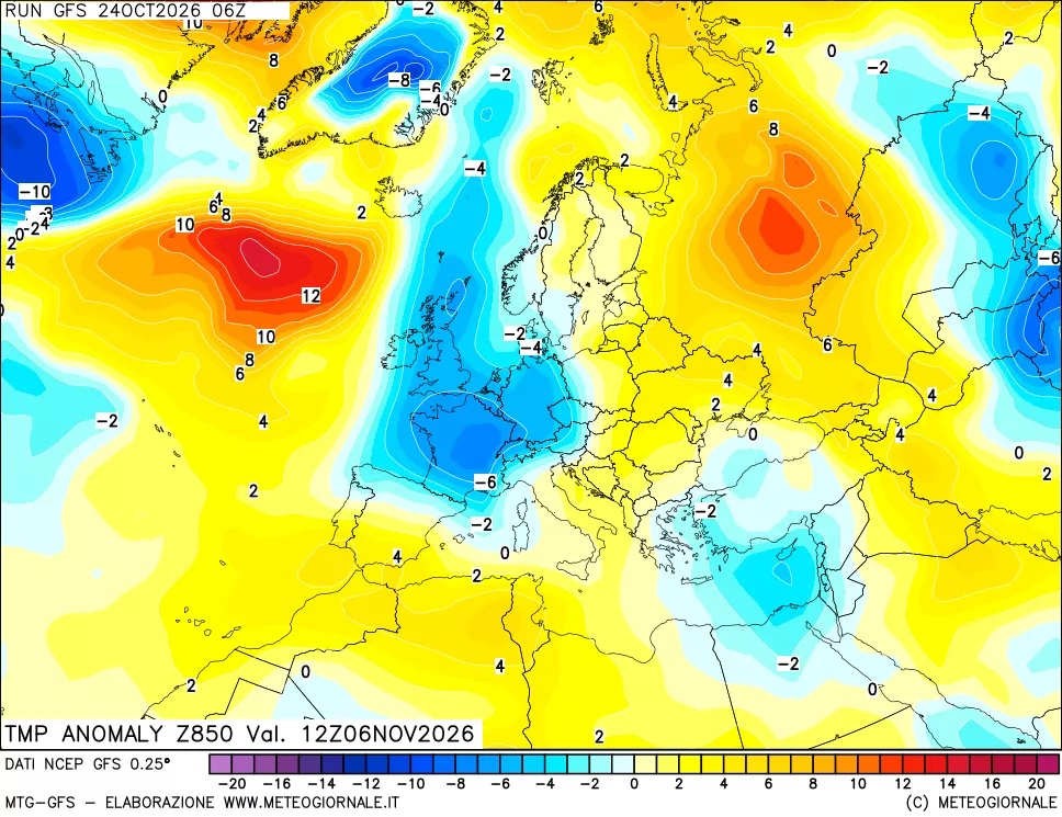mappa 850 hPa Temp Anomaly vs Cli.No 1981-2010