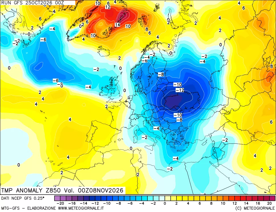mappa 850 hPa Temp Anomaly vs Cli.No 1981-2010