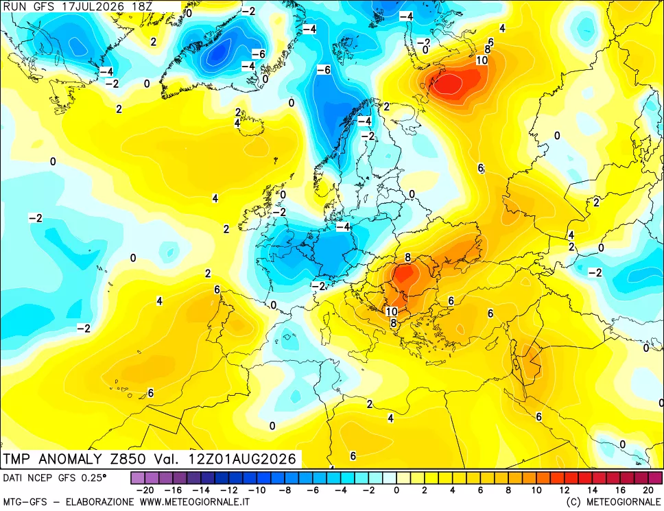mappa 850 hPa Temp Anomaly vs Cli.No 1981-2010