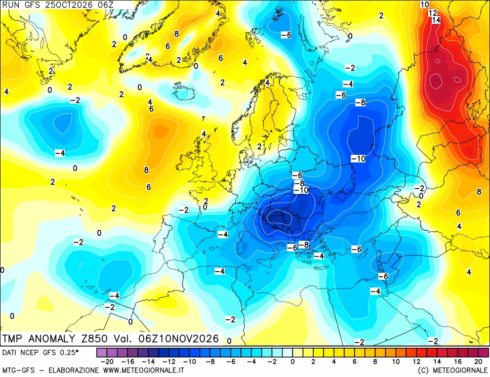 mappa 850 hPa Temp Anomaly vs Cli.No 1981-2010