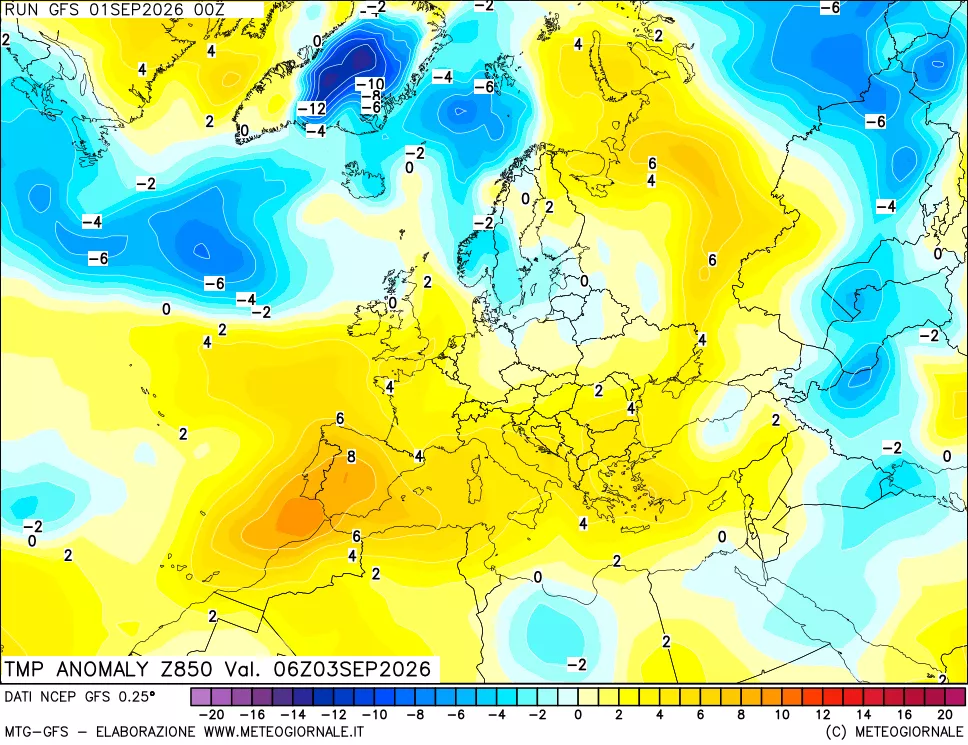 mappa 850 hPa Temp Anomaly vs Cli.No 1981-2010