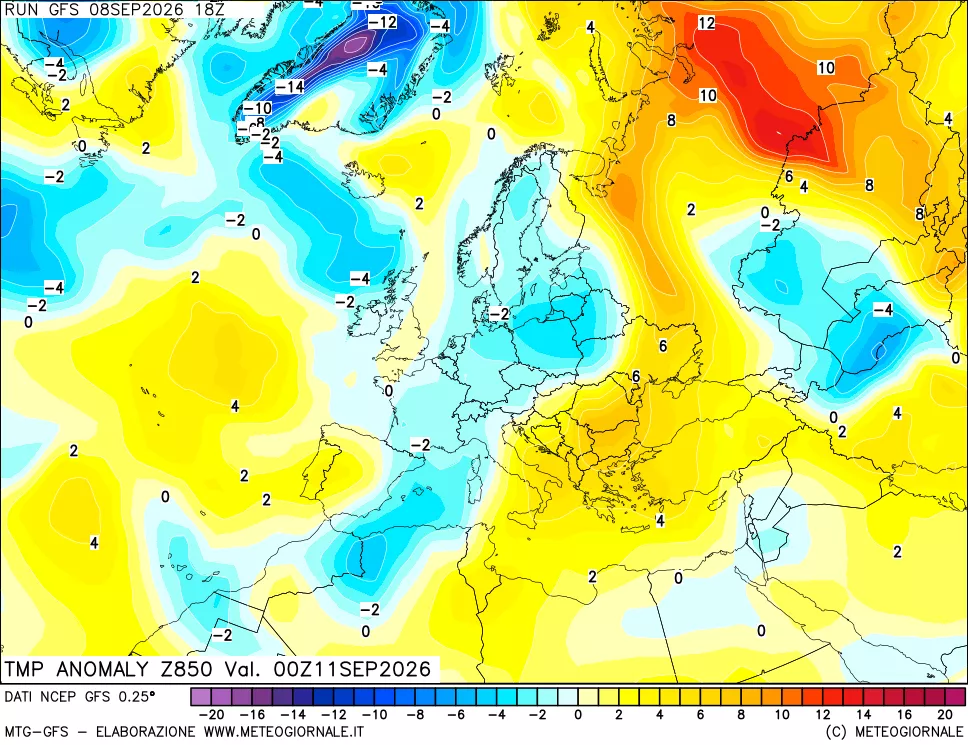mappa 850 hPa Temp Anomaly vs Cli.No 1981-2010