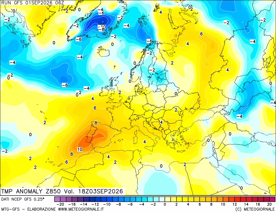 mappa 850 hPa Temp Anomaly vs Cli.No 1981-2010