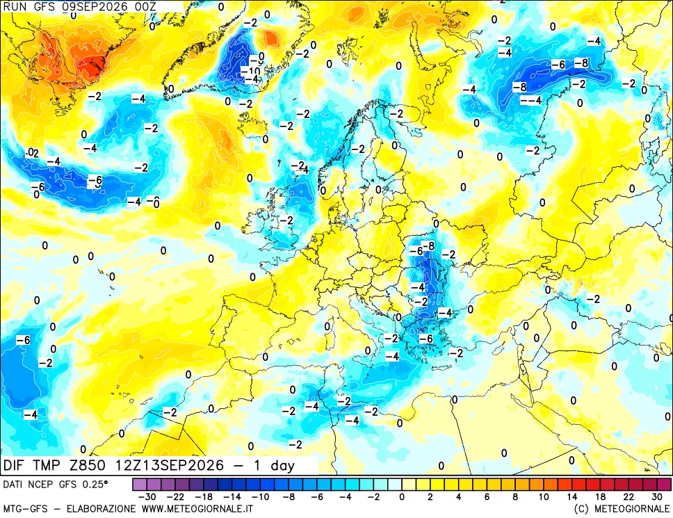mappa Dif. Temp a 850 hPa Valid - 1 day