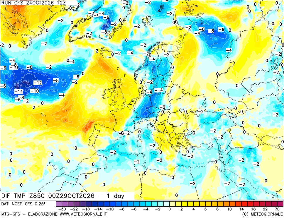 mappa Dif. Temp a 850 hPa Valid - 1 day