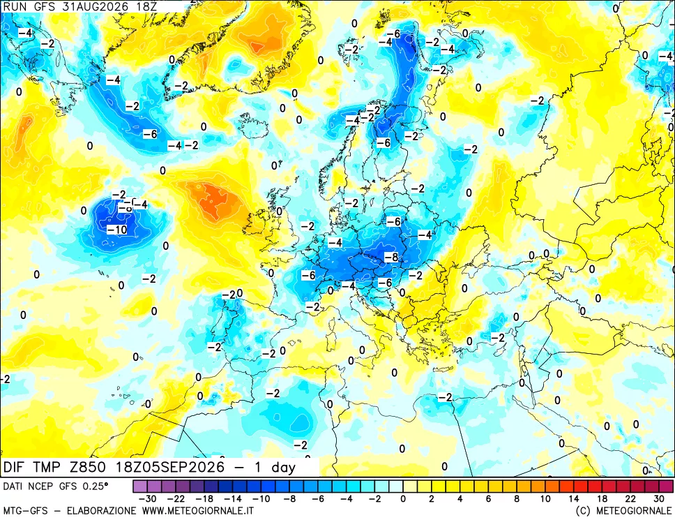 mappa 850 hPA Dif. Temp -24 ore