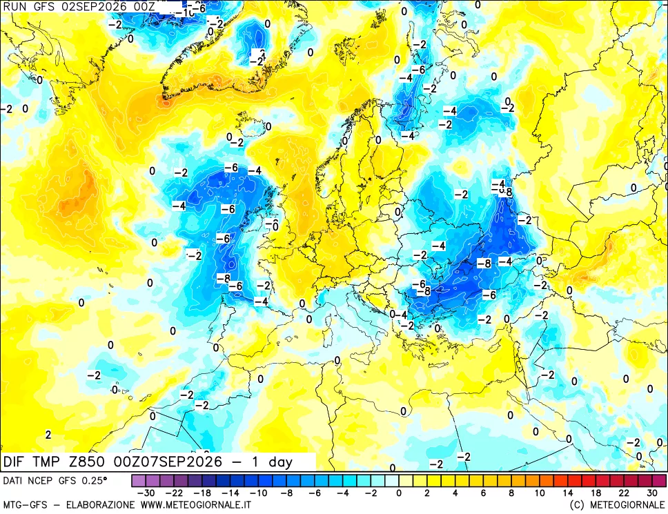 mappa Dif. Temp a 850 hPa Valid - 1 day