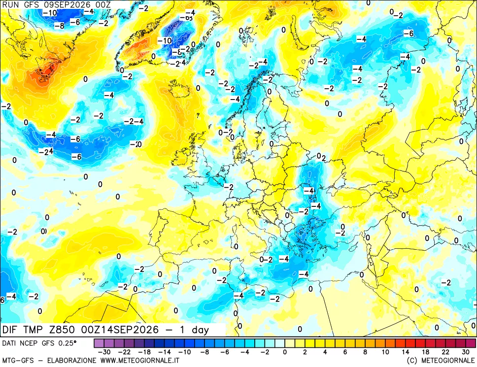 mappa Dif. Temp a 850 hPa Valid - 1 day