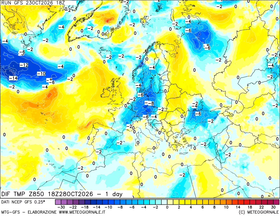 mappa 850 hPA Dif. Temp -24 ore