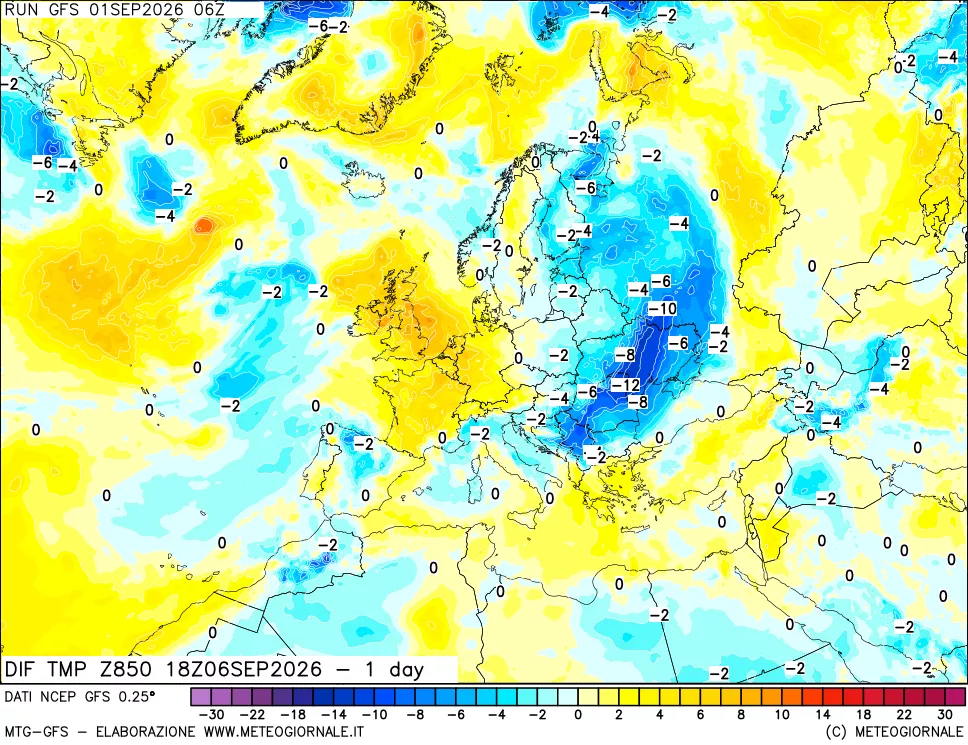 mappa Dif. Temp a 850 hPa Valid - 1 day
