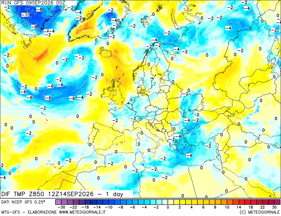 mappa Dif. Temp a 850 hPa Valid - 1 day