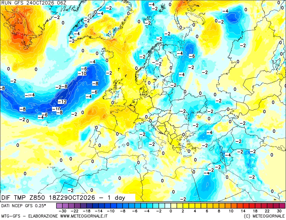 mappa Dif. Temp a 850 hPa Valid - 1 day