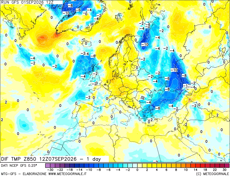 mappa Dif. Temp a 850 hPa Valid - 1 day